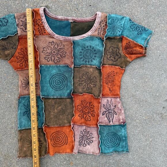 Y2K Boho Hippie Nepal Block print rib patch-work t-shirt LARGE - Picture 6 of 6